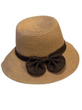 Brown Bow Woven Tan Sun Bucket Minimalist Brim Straw Hat